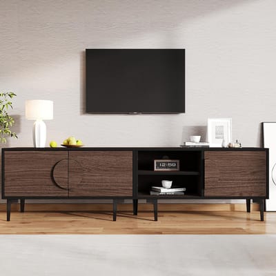 BLACKCOLORS Lage tv-meubel 180*35*49 cm, tv-steun voor de woonkamer, tv-meubel met 2 kasten, tv-meubel met open opbergvakken, donkere notenkleur, geschikt voor 80 inch tv's