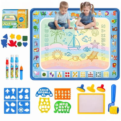 XL Water Tekenmat Kinderen – Magic Doodle Mat – Herbruikbaar Educatief Speelgoed met Waterpennen, Stempels, Sjablonen en Accessoires – 100 x 80 cm – Speelgoed 1 jaar – Speelgoed 2 Jaar – Speelgoed 3 Jaar