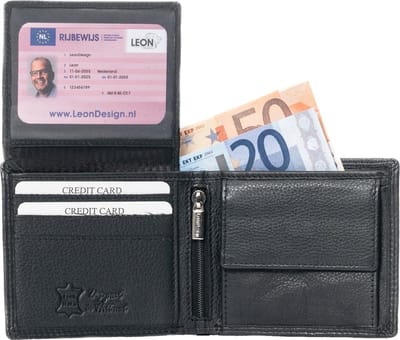 LeonDesign - Portemonnee - Portemonnee heren - Portefeuille Heren - Heren Portemonnee leer - Portemonnee heren pasjes houder - Portemonnee jongens - Cadeau voor hem - Cadeau voor mannen - Cadeau - Kado - Muntvak - Briefgeldvak - 11 pasjes - Zwart