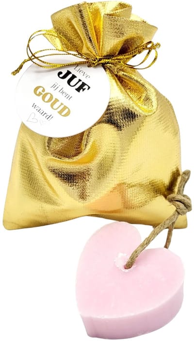 Juf Cadeau ‘Jij Bent Goud Waard’ – Gouden Zakje met Hartzeepje en Kaartje – Bedankje Einde Schooljaar