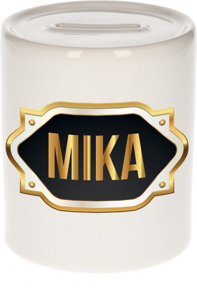Spaarpot met voornaam Mika - wit - met goud/zwart embleem - 8 x 9 cm - keramiek - met afsluitdop - cadeau verjaardag