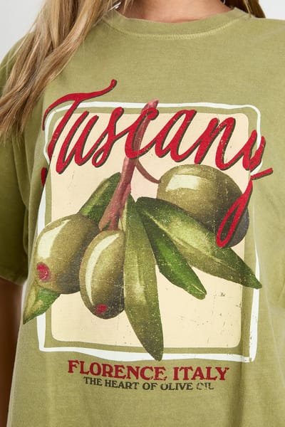 boohoo Dames Toscane Olijven Bedrukt Oververven T-Shirt | Olijf | Maat: XS