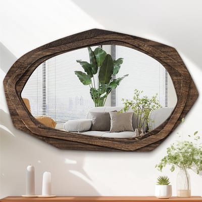 Grote Asymmetrische Wandspiegels met Houten Frame voor Badkamer, Slaapkamer en Woonkamer - 70L x 45W cm, Retro Design, Irregulaire Vorm