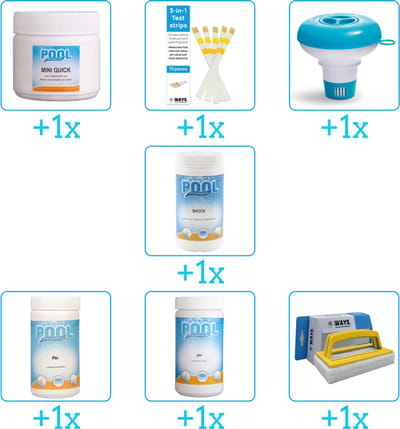 Zwembad Onderhoudspakket - Onderhoud Zwembad - bevat Chloor - Testrips - Chloordrijver - Chloor - PH-min - PH-plus en Scrubborstel (7-delig)