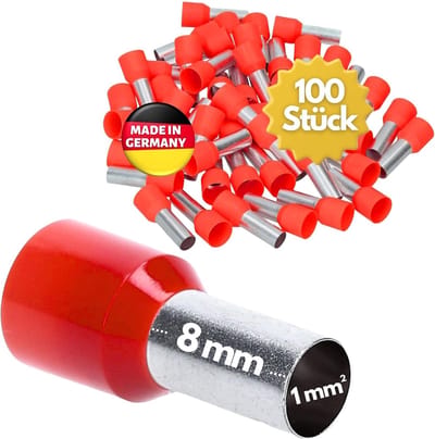 100 stuks Kalitec AE108RTSB adereindhulzen geïsoleerd 1,0 mm² 8 mm lang rood I Made in Germany I Industriële kwaliteit