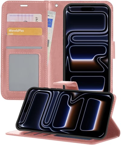 Hoesje - Geschikt voor iPhone 17 Pro / 18 Pro - Luxe Bookcase - Walletcase Hoes - Portemonnee - Cover - Telefoonhoes - Rosé goud