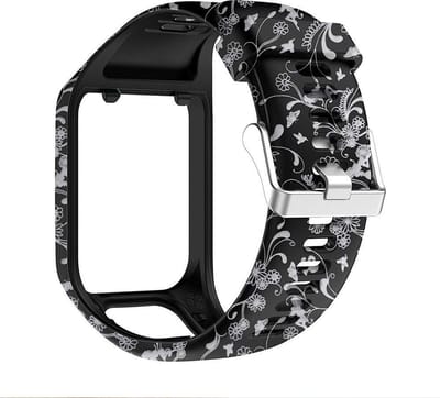 KELERINO. Siliconen bandje geschikt voor TomTom Runner 2/3 & Spark 2/3 - Zwart met bloem design