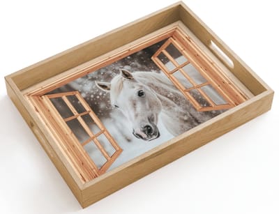Dienblad hout 40x30 cm - Schootdienblad - Doorkijk - Paard - Wit - Winter - Sneeuw - Dieren - Borrelplank rechthoek - Plateau dienbladen