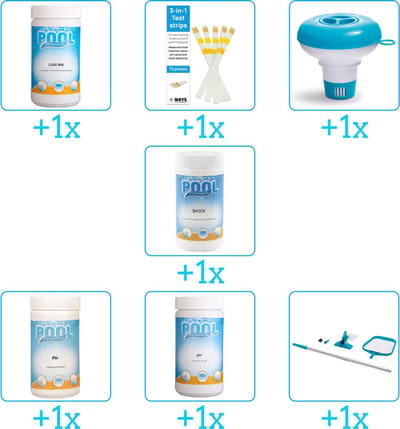 Zwembad Onderhoudspakket - Onderhoud Zwembad - bevat Chloor - Testrips - Chloordrijver - Chloor - PH-min - PH-plus en Schoonmaakset (7-delig)