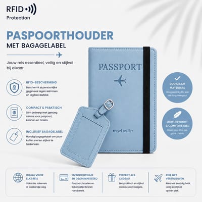 Paspoort hoesje met Bagagelabel (set) - Paspoorthouder beschermhoes cover voor paspoort & kaarthouder - RFID bescherming - lichtblauw