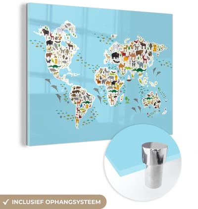® Glasschilderij 120x90 cm - Schilderij acrylglas - Wereldkaart kinderen - Dieren - Kleuren - Foto op glas - Muurdecoratie woonkamer - Wanddecoratie slaapkamer - Schilderijen