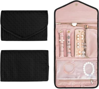 Draagbare en waterdichte sieradenopberger voor reis, grote organizer voor kettingen, armbanden en oorbellen - perfect cadeau voor vrouwen en meisjes, zwart