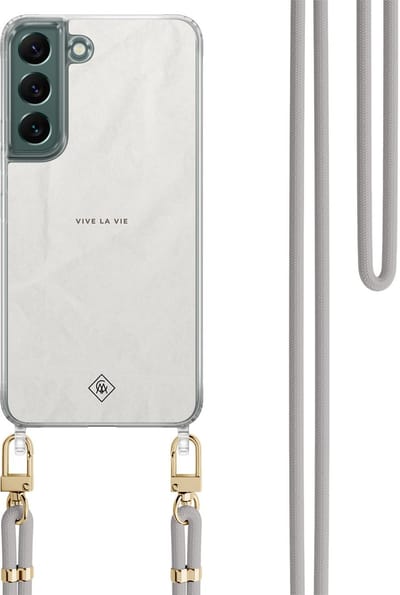 Casimoda® hoesje met grijs koord - Geschikt voor Samsung S22 Plus - Vive La Vie - Afneembaar koord - TPU/polycarbonaat - Grijs