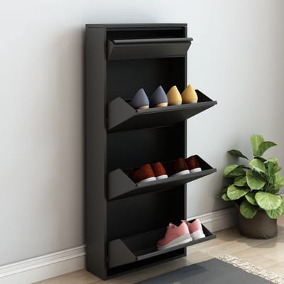 Schoenenkast Sokndal 4 kleppen zwart 118x50x15 cm [en.casa]