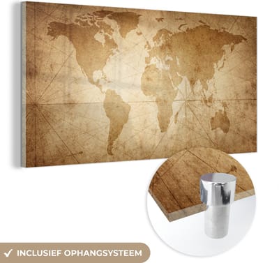 ® Glasschilderij 120x60 cm - Schilderij acrylglas - Wereldkaart - Vintage - Papyrus - Foto op glas - Muurdecoratie woonkamer - Wanddecoratie slaapkamer - Schilderijen