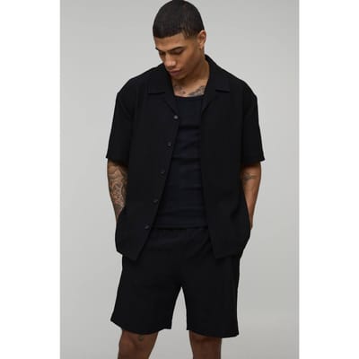 Oversized Shirt En Ontspannen Plissé Set Met Middellange Short | Black | Size Medium
