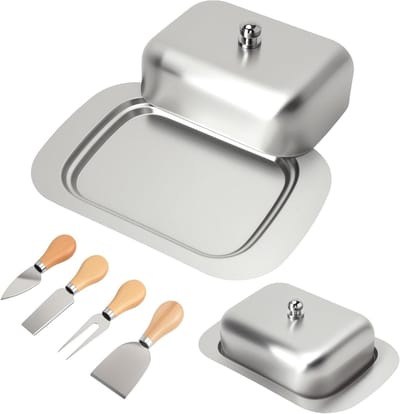 Roestvrijstalen Botervloot met Deksel, 18.5 x 12.2 x 4.5 cm, Inclusief 4 Kaasmesjes, Ideaal voor Boter, Kaas en Taart, Vaatwasmachinebestendig
