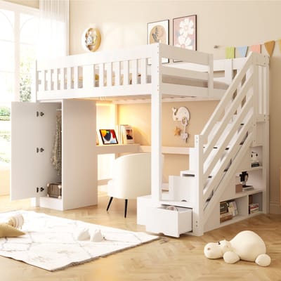 Sweiko Hoogslaper - 140 × 200 cm - Met kledingkast - Opbergruimte - Bureau - LED-verlichting - Kinderbed - Wit