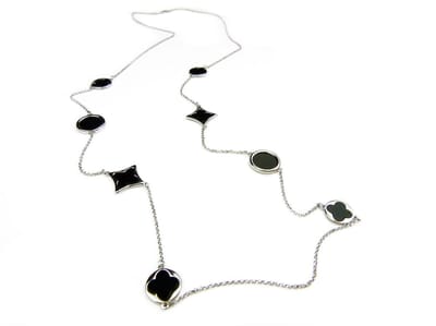lange zilveren collier halsketting halssnoer gerhodineerd verguld Model Blossom met zwarte stenen