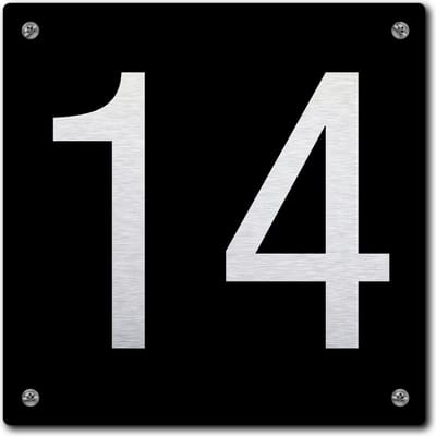 Huisnummerbord - huisnummer 14 - zwart - 12 x 12 cm - rvs look - schroeven - naambordje - nummerbord  - voordeur