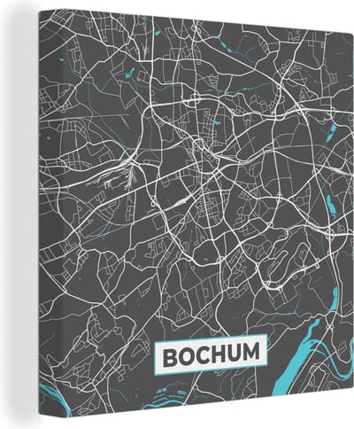 Canvas Schilderij Duitsland – Blauw – Bochum – Stadskaart – Kaart – Plattegrond - 20x20 cm - Wanddecoratie