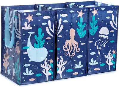 Set van 3 RPET - Grote Boodschappentas met ritsen - Recycling Tassen - Eco Vissen - 45x25x29cm