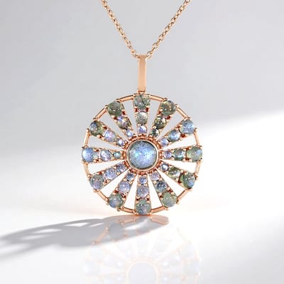 Cavill - Luxe Zilveren Halsketting - 925 Sterling Zilver - Roségoud Verguld - Groene Labradoriet 3,16 ct - Ronde Cabochon Hanger