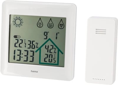 Draadloos Weerstation - Buitensensor Hygrometer - Weersvoorspelling Binnen - 4 Weer Symbolen - 12x12cm - Wit