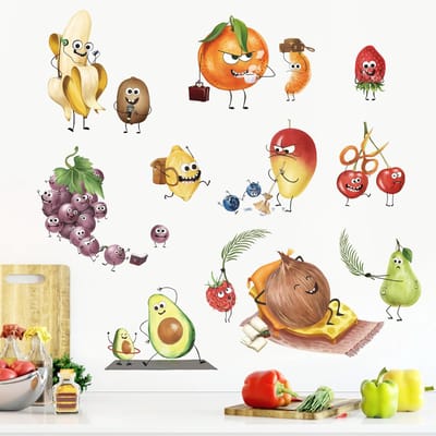 decalmile Keuken Fruit Muurstickers Cartoon Vruchten Banaan Citroen Grappig Muurtattoo Keuken Eetkamer Venster Woonkamer Wanddecoratie