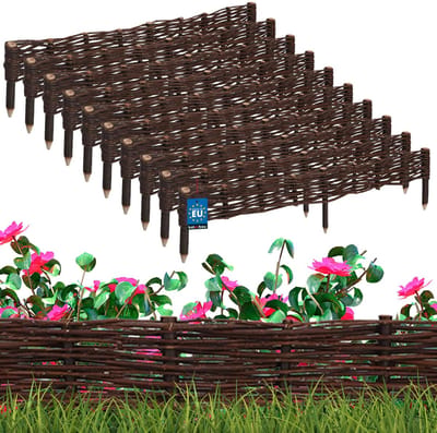 KOTARBAU® 10 st Bloembedrand, Wilgenhouten Hek, Beeteinfassing, 100 x 10 cm, Bruin, Tuinafscheiding, Houten Tuinhek, Schapenhek