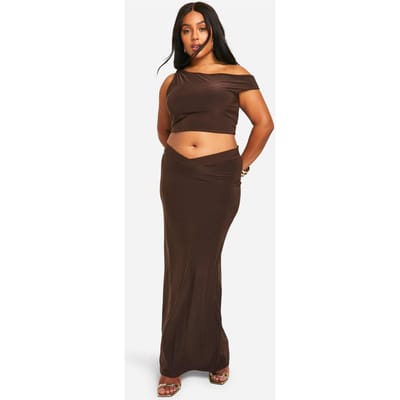 boohoo Dames Plus Double Slinky Dropped Shoulder Top & V Waistband Maxi Skirt Co Ord | Chocoladebruin | Maat: 54
