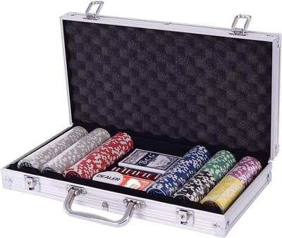 Costway Pokerset, 300 laserchips, inclusief aluminium koffer, complete set (zilver)