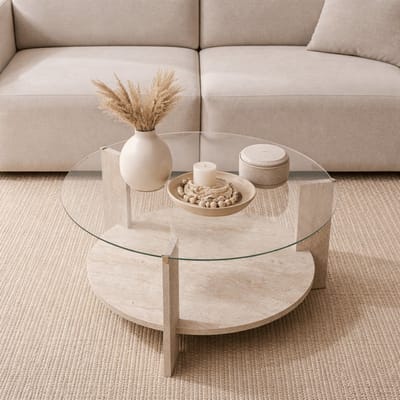 Dimehouse Ronde salontafel travertin melamine transparant glas Ø75 cm - Cairo - 75 x 75 x 40 cm - Hout - Japandi - Ovaal
