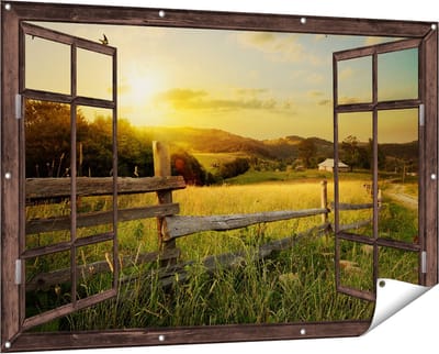Gards Tuinposter Doorkijk Boerderij Hekken op het Grasveld - 150x100 cm - Tuindoek - Tuindecoratie - Wanddecoratie buiten - Tuinschilderij