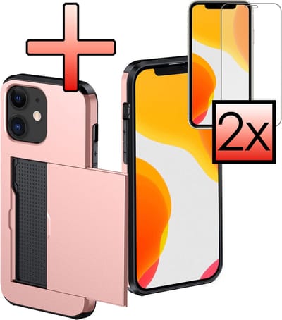 Hoes Geschikt voor iPhone 11 Hoesje Pasjeshouder Hard Cover Met 2x Screenprotector Shock Proof Hard Case Hoes Met Kaarthouder - Rosé goud