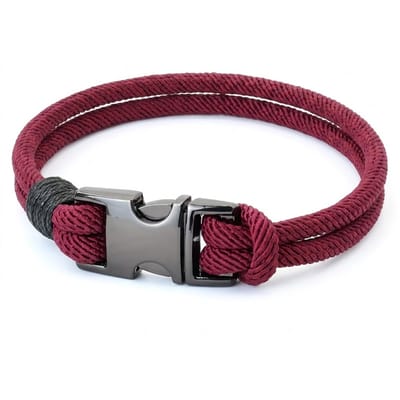 Heren armband – bordeauxrode touwarmband met zwart metalen sluiting