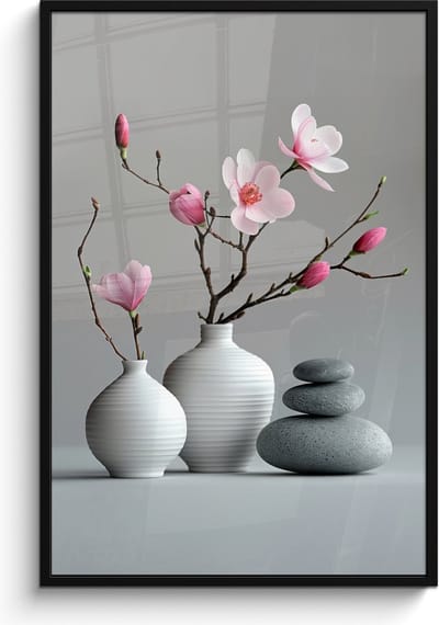 Poster in lijst - Fotolijst 80x120 cm - Posters - Magnolia - Bloemen - Roze - Zen stenen - Posterlijst zwart - Wanddecoratie badkamer - Muurdecoratie WC - Decoratieve accessoires - Toilet muur decoratie