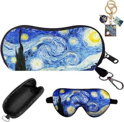 Set van 3 Sterrennacht Bril Cases, Brillen Pouches met Slaapmasker en Sleutelhanger voor Vrouwen, Perfect voor Reizen en Cadeaus voor Kunstliefhebbers