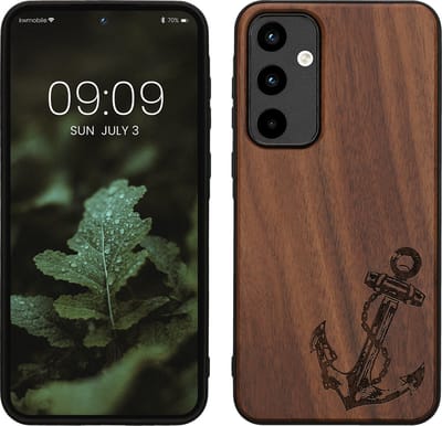 kwmobile telefoonhoesje geschikt voorSamsung Galaxy A55 5G - Hoesje met bumper - hout - In donkerbruin Vintage Anker design