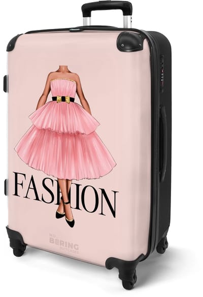 NoBoringSuitcases.com® - Koffer groot - Rolkoffer lichtgewicht - Fashion - Lichtroze met jurkillustratie - Reiskoffer met 4 wielen - Grote trolley XL - 20 kg bagage - Valiezen middelgroot - Hardcase bagagekoffer - Suitcase large