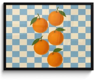 Poster in lijst - Fotolijst 70x50 cm - Posters - Sinaasappels - Blaadjes - Geblokt - Blauw - Posterlijst zwart - Decoratie - Wanddecoratie woonkamer - Muurdecoratie slaapkamer