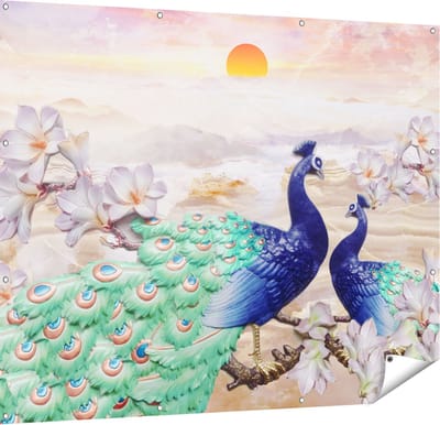 Gards Tuinposter Twee Pauwen bij Elkaar met Bloemen - Liefde - 150x120 cm - Tuindoek - Tuindecoratie - Wanddecoratie buiten - Tuinschilderij