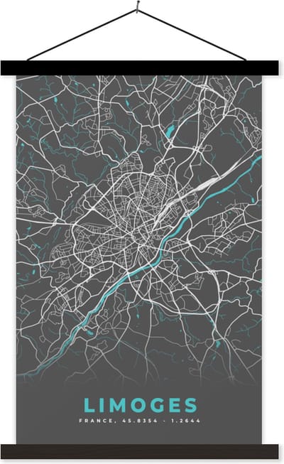 Posterhanger incl. Poster 40x60 cm - Schoolplaat - Frankrijk - Plattegrond - Kaart - Stadskaart - Limoges - Textielposter - Zwarte latten - Stadskaart