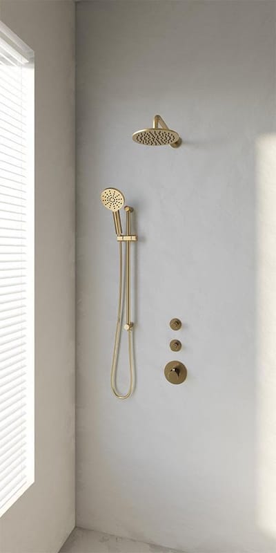 Brauer Gold Edition thermostatische inbouw regendouche SET 21 met 20 cm douchekop en gebogen muurarm en 3-standen handdouche en doucheslang en geïntegreerde glijstang goud geborsteld PVD