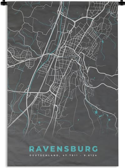 Wandkleed - Wanddoek - Plattegrond – Ravensburg – Blauw – Stadskaart – Kaart - Duitsland - 120x180 cm - Wandtapijt