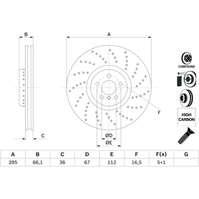Remschijf BOSCH 0 986 479 F55 voorkant, geventileerd, sterk gecarboniseerd, 1 Stuk