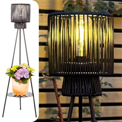 Gadgy Solar Tuinverlichting Staande Lamp Terras - Buitenlamp Zonne Energie Balkon & Tuin - Driepoot Tuinlamp Led Buiten met USB-aansluiting - Lantaarn voor Buiten Verlichting - Zwart Rattan