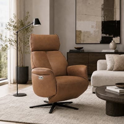 Relaxfauteuil Luuk – Elektrische Relaxstoel met 2 Motoren, USB-poort & Accu – 360° Draaibaar – Micro Leder – Cognac