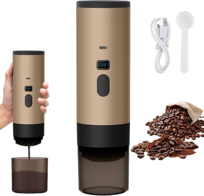 Draagbaar koffiezetapparaat 3-in-1 inc. beker - 1 kop - Oranje - Oplaadbaar, draagbaar reis koffiezetapparaat - 12V espressomachine voor capsule en gemalen koffie portable - Kamperen, reizen, vakantie, kantoor, auto, thuis