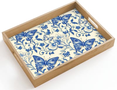Dienblad hout 40x30 cm - Schootdienblad - Vlinders - Bloemen - Blauw - Botanisch - Borrelplank rechthoek - Plateau dienbladen